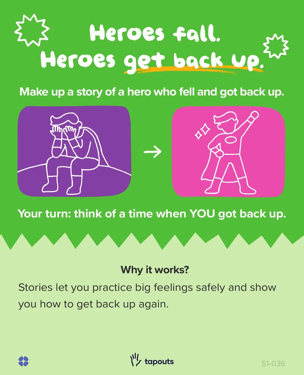 Back of the card: “Heroes fall. Heroes get back up.” Make up a story of a hero who fell and got back up, then think of a time when you did. Why it works: stories let you practise big feelings safely and show you how to get back up again.