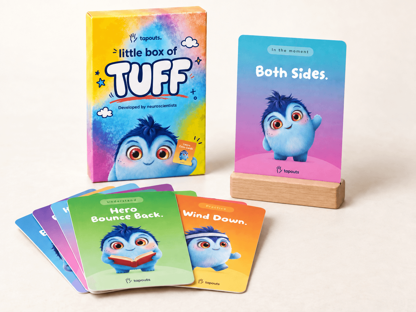 The little box of Tuff with a spread of activity cards and a Both Sides card standing in a slotted wooden holder